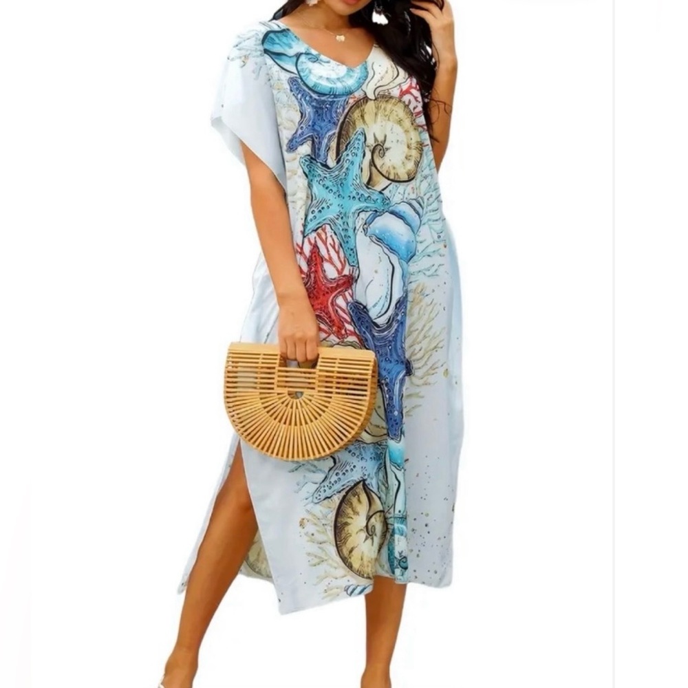 Beach Boho Style Cover Up , Plus Size Starfish , Shell Kaftan Dress